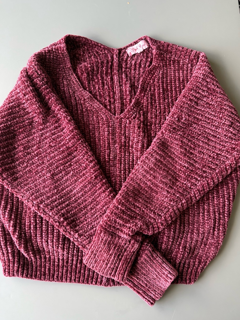 Pink Rose Chenille V-Neck Sweater in Plum